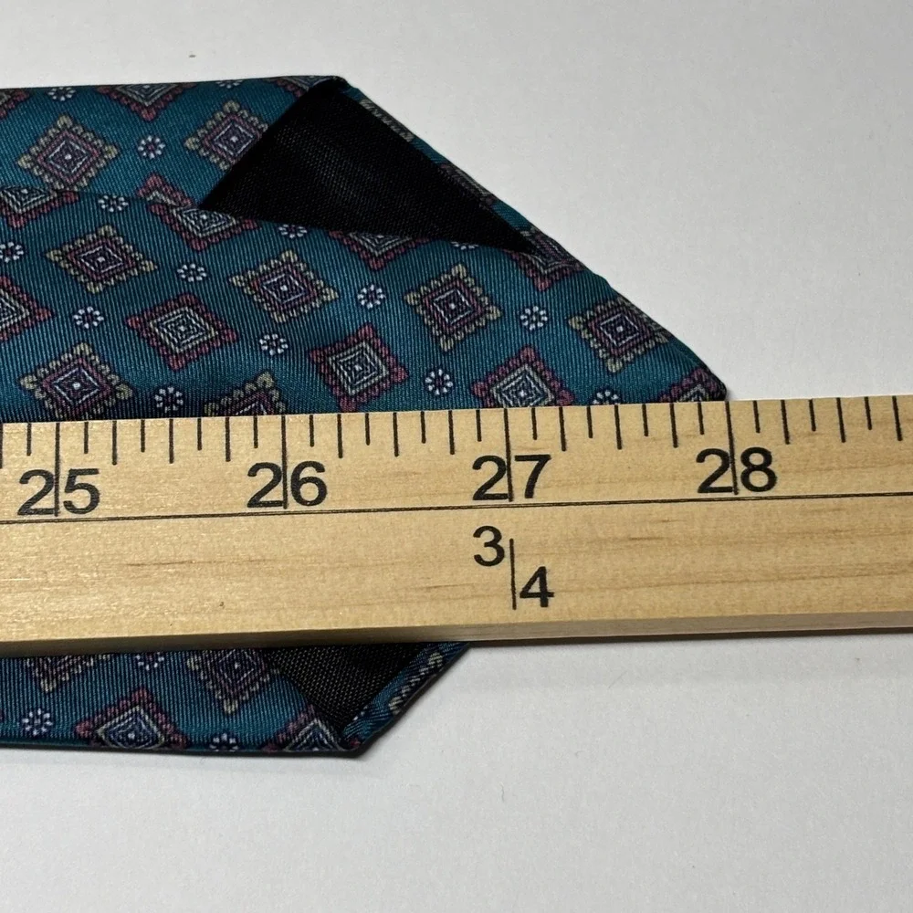 Vtg Treborr's Silk Necktie Mens OS Teal Geometric‎ Medallion Italian Silk Formal